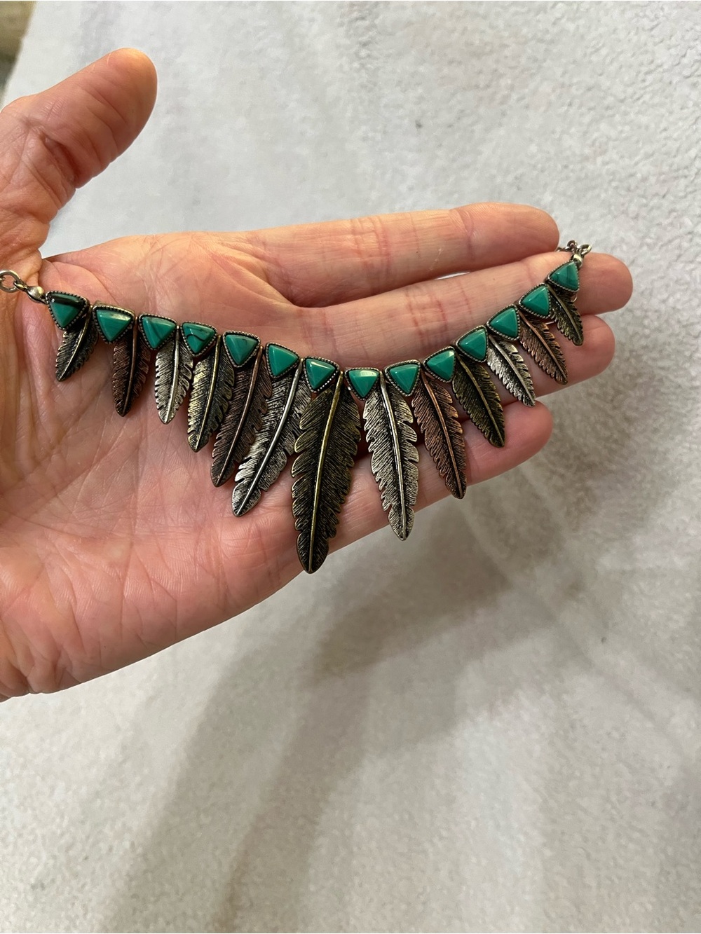 Vtg Turquoise & Mixed Metal Feather Statement Necklace Boho Southwestern Style